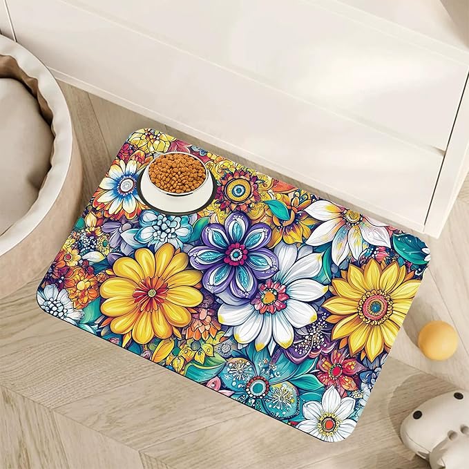 Floral Dog Food Mat for Floors, Cute Mandala Flower Absorbent Quick-Dry Pet by Unknown