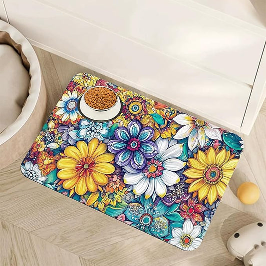 Floral Dog Food Mat for Floors, Cute Mandala Flower Absorbent Quick-Dry Pet by Unknown