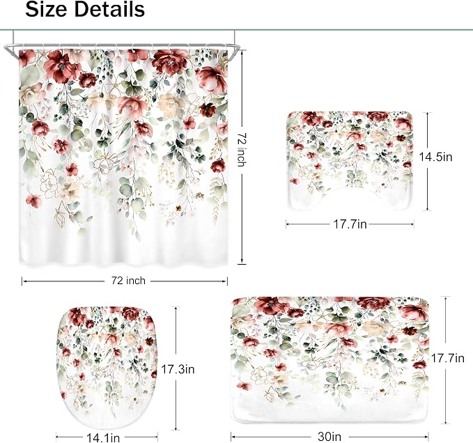 4 PCS Red Burgundy Floral Flower Shower Curtain Set 72Wx72H Inch Watercolor - Image 5
