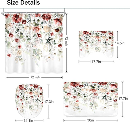 4 PCS Red Burgundy Floral Flower Shower Curtain Set 72Wx72H Inch Watercolor - Image 5