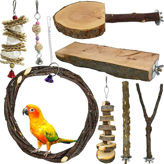 kathson 8PCS Wood Bird Perch Natural Parakeet Perches Bird Swing Chew Toys by kathson