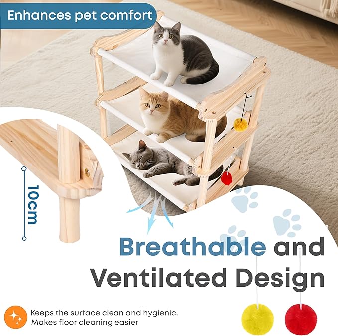 Large 3-Layer Cat Hammock Bed, Breathable Washable Covers, Wooden Pet Furniture - Image 3