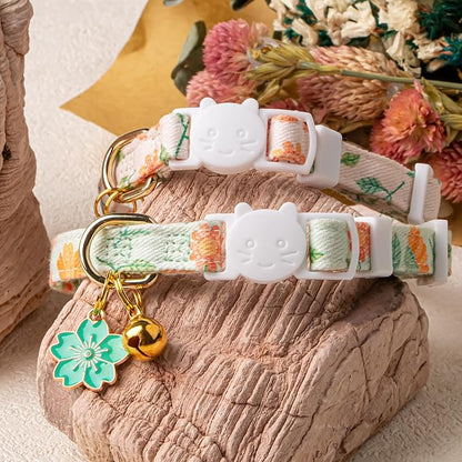 2 Pack Cotton Breakaway Cat Collar Beige and Green Flowers Pendant Cute Kitten - Image 5