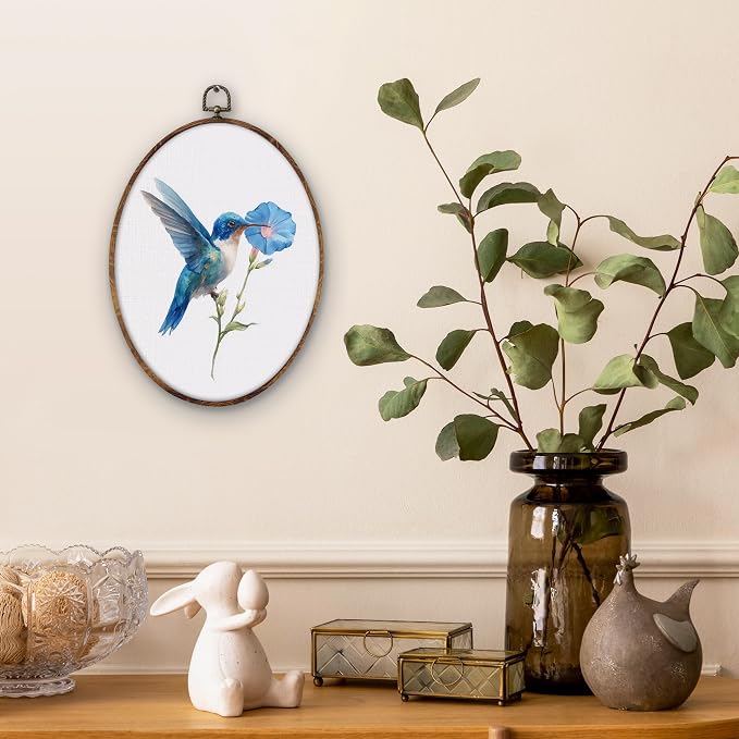 DILSJ Blue Hummingbird Floral Oval Wall Art Decor, Bird Hummingbird Canvas Wall - Image 2