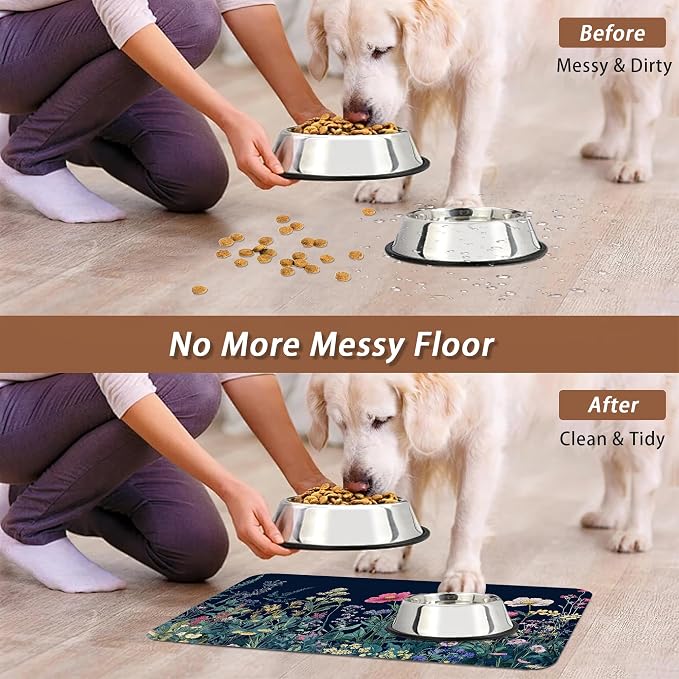 Wildflower Spring Floral Dog Cat Food Mat, Garden Flowers Absorbent Pet Feeding - Image 5
