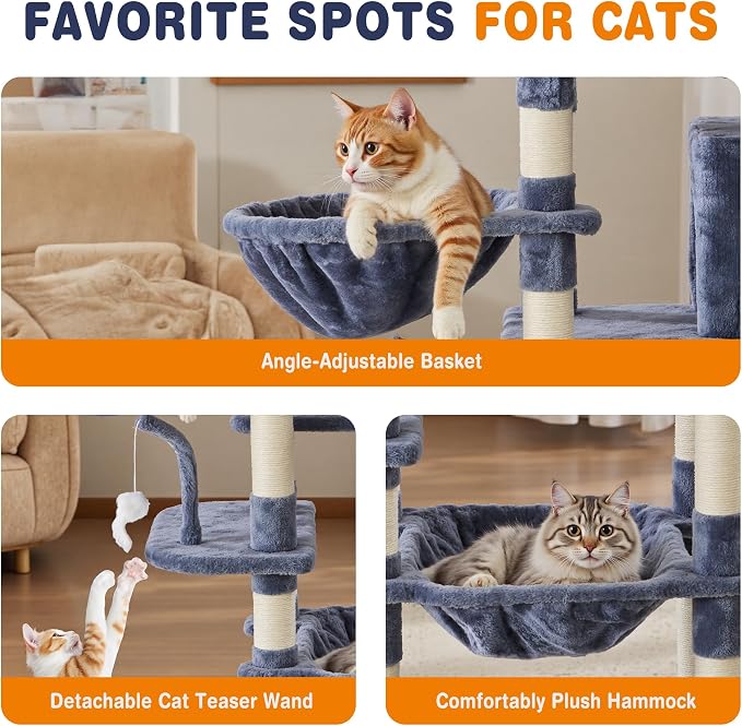 Large Cat Tree 71 Inch, Sisal Scratching Posts and Hammock, Pet Play House - Image 3