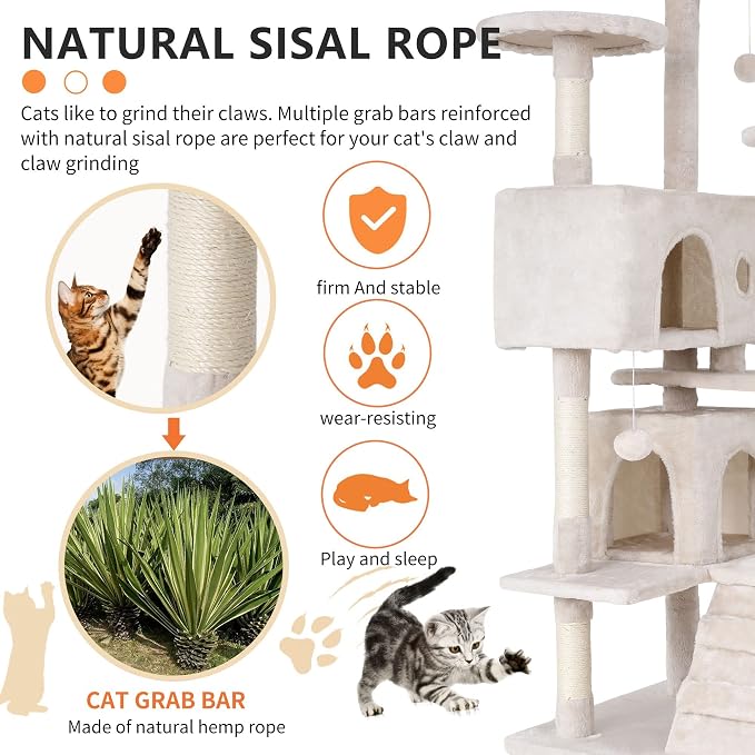 70 Inch Beige Cat Tree, Tall Cat Tower - Image 3