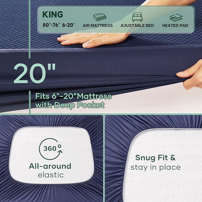 OhGeni 100% Waterproof Mattress Protector, King-Navy Blue Size Mattress Pad - Image 2