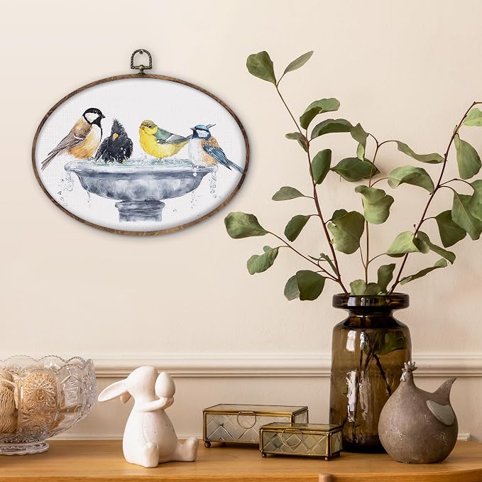 DILSJ Bird Oval Wall Art Decor, Country Bird Bath Canvas Wall Art Framed - Image 2