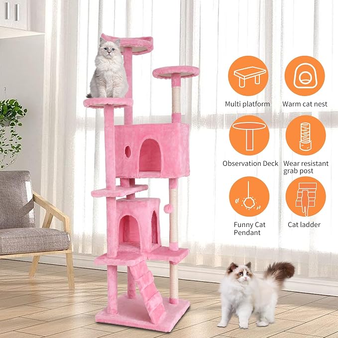 70 Inch Pink Cat Tree, Tall Cat Tower - Image 4