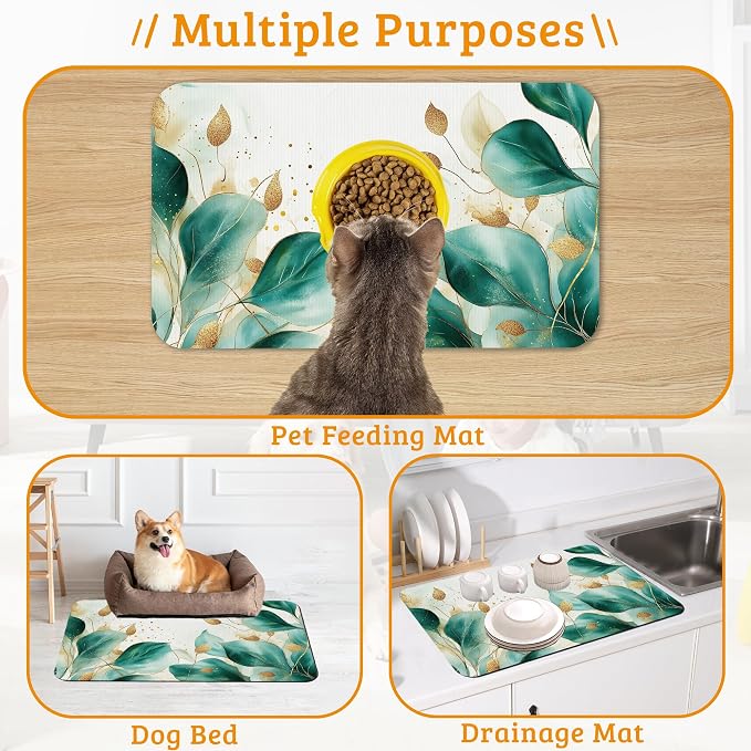 Green Plam Dog Cat Food Mat, Tropical Leaves Absorbent Waterproof Placemat - Image 7