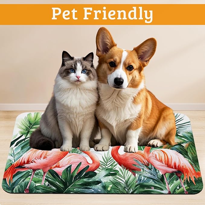 Pink Flamingo Dog Food Mat, Plam Leaves Absorbent Pet Feeding Mat - Image 2