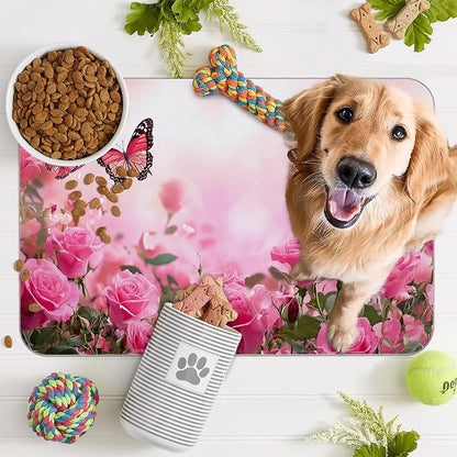 Rose Pink Dog Cat Food Mat, Butterfly Absorbent Pet Feeding Mat - Image 7