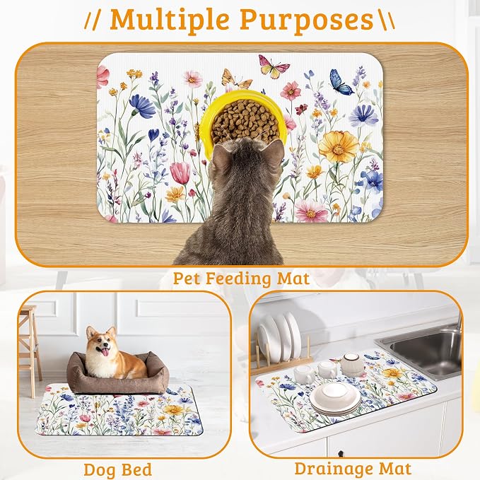 Flowers Butterfly Dog Food Mat, Colorful Absorbent Pet Feeding Mat - Image 7