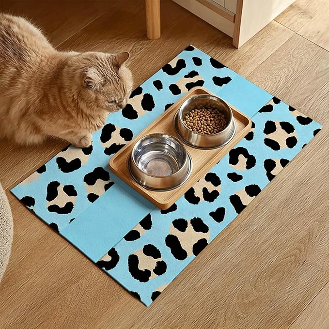 Puppy Feeding Mat 24x16 inch Blue Leopard Print Pet Bowl Placemat Non Slip - Image 2