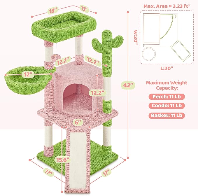 Yaheetech Cactus Cat Tree, 42in Cat Tower - Image 3