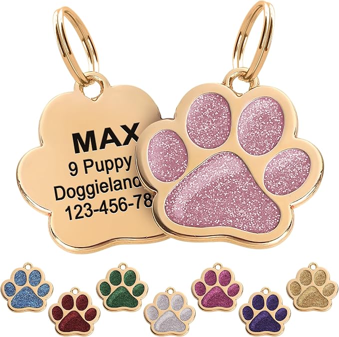 Paw Shape Dog ID Tag Stainless Steel Custom Laser Engraved, Cute Bling Glitter by Pawnimals