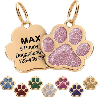 Paw Shape Dog ID Tag Stainless Steel Custom Laser Engraved, Cute Bling Glitter by Pawnimals