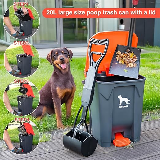 Dog Pooper Scooper, Long Handle Tray & Rake, 60 Waste Bags, Dog Waste Large Bin - Image 2