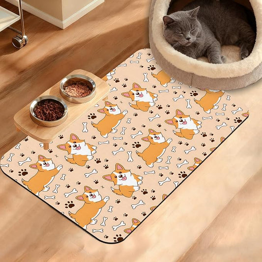 Corgi Feeding Mat, Cute Dogs Absorbent Quick-Dry Cat Dog Food and Water Bowl by Unknown