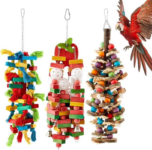 3 Pcs Extra Large Bird Parrot Toy Multicolored Natural Wooden Parrot Cage by Seenelling