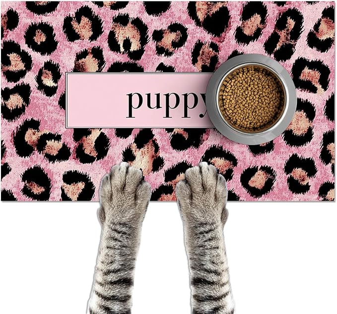 Puppy Feeding Mat 20x12 inch Pink Leopard Print Dog Bowl Placemat Non Slip Mat by HOMETITUTE