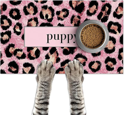 Puppy Feeding Mat 20x12 inch Pink Leopard Print Dog Bowl Placemat Non Slip Mat by HOMETITUTE