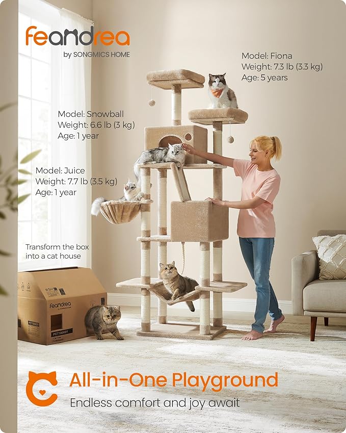 Feandrea Cat Tree, 81.1-Inch Large Cat Tower, 2 Perches, 2 Caves, Camel Brown - Image 2