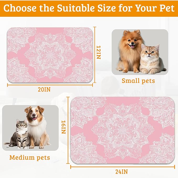 Pet Feeding Mat, Boho Mandala Absorbent Dog Cat Food Mat Pink Flower Dog Mat - Image 6