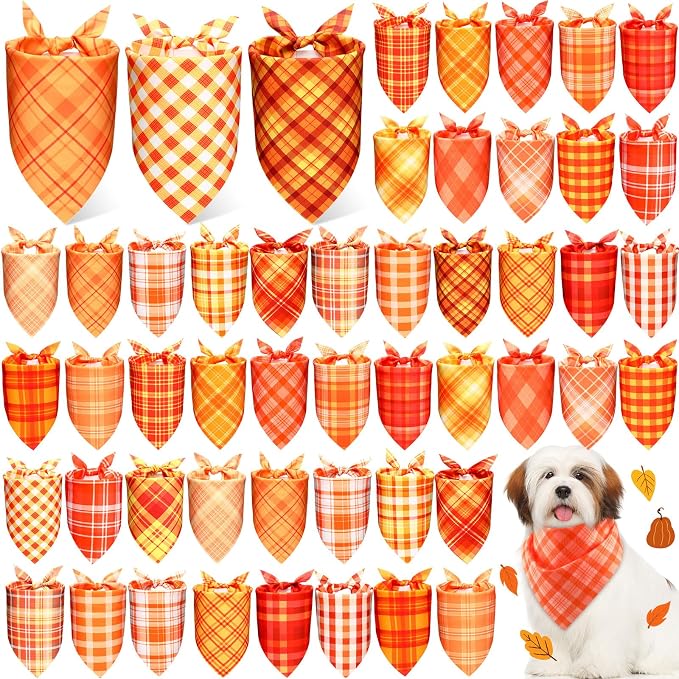 Abbylike 50 Pcs Orange Plaid Dog Bandanas Bulk Check Pattern Bandanas by Abbylike