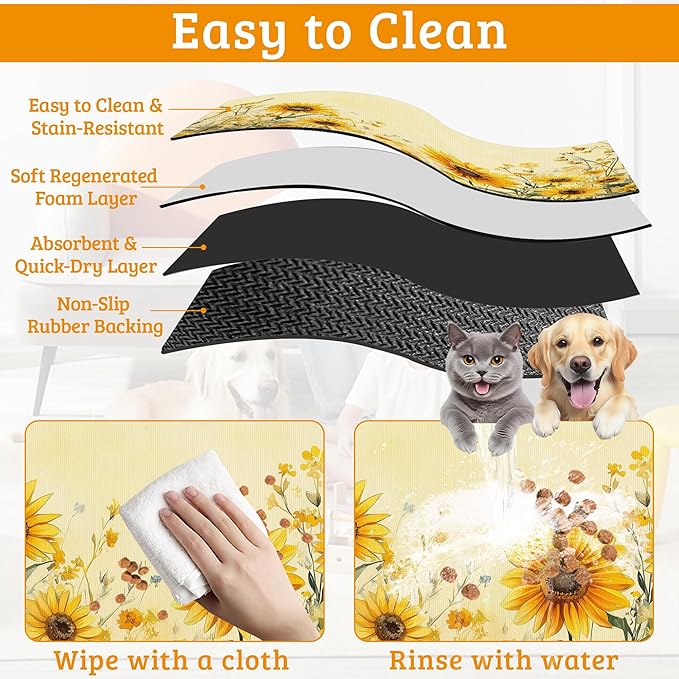 Yellow Floral Feeding Mat, Sunflower Absorbent Quick-Dry Cat Dog Food and Water - Image 5