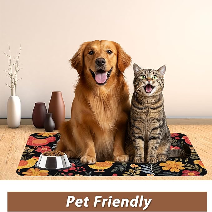 Chicken Rooster Hen Flower Meadow Dog Cat Food Mat, Absorbent Pet Feeding Mat - Image 6