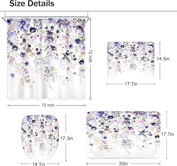 4 PCS Purple Floral Flower Shower Curtain Set 72Wx72H Inch Watercolor Pastel - Image 5