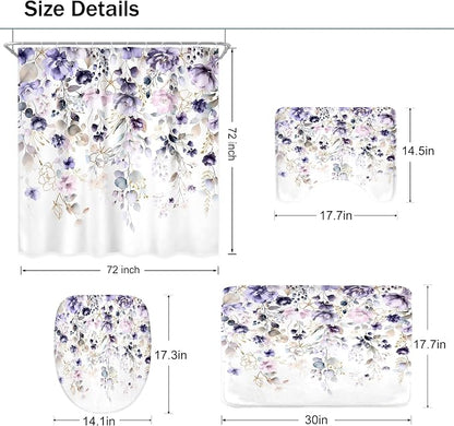 4 PCS Purple Floral Flower Shower Curtain Set 72Wx72H Inch Watercolor Pastel - Image 5