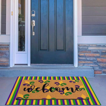 Tinideya 2 Pcs Mardi Gras Door Mat Carnival Welcome Non Slip Coir Mats Purple - Image 2
