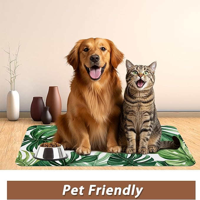 Palm Leaf Pet Feeding Mat, Boho Absorbent Quick-Dry Cat Dog Food and Water Bowl - Image 6