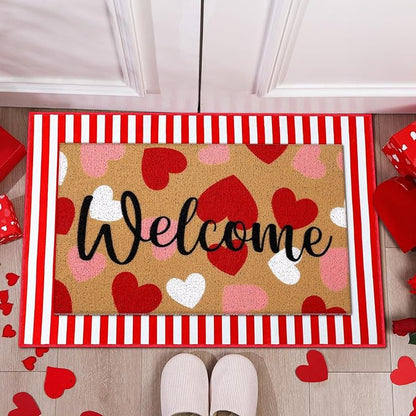 Tinideya 2 Pcs Valentine Door Mat Heart Welcome Outdoor Non Slip Coir Mats Red - Image 4