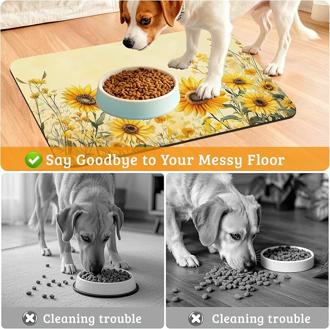 Yellow Floral Feeding Mat, Sunflower Absorbent Quick-Dry Cat Dog Food and Water - Image 4