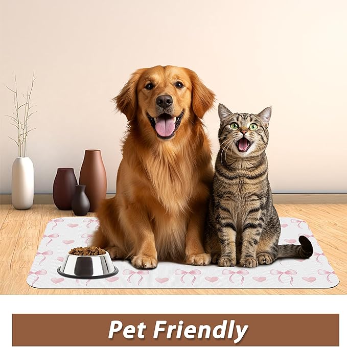 Cute Pink Bow Dog Food Mat for Floors, Heart Absorbent Pet Food and Water Bowl - Image 6
