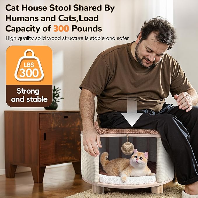 Solid Wood Cats House Stool, 300-lb Capacity. Large Cat Bed Cave - Image 3