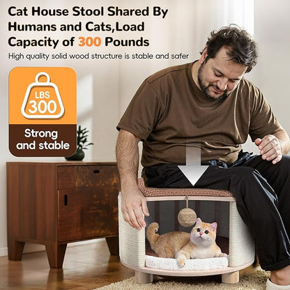 Solid Wood Cats House Stool, 300-lb Capacity. Large Cat Bed Cave - Image 3