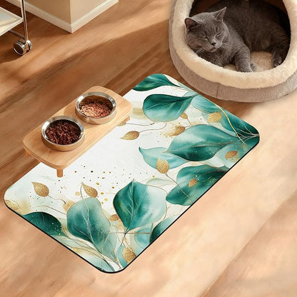 Green Plam Dog Cat Food Mat, Tropical Leaves Absorbent Waterproof Placemat by Unknown