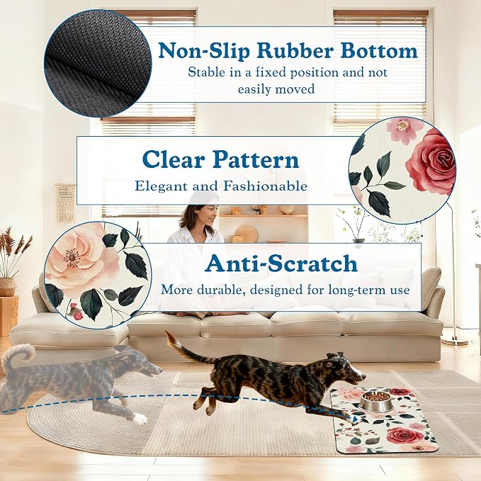 Pink Flower Leaf Pet Feeding Mat–Christmas Stocking Quick Dry Absorbent Dog Cat - Image 4