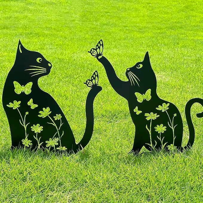 Metal Cat Garden Decor for Outside, Rust Proof Steel Kitten Decor for Kitty by Doesen