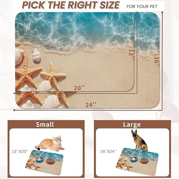 Beach Starfish Dog Food Mat for Floors, Cute Seashell Absorbent Pet Food and - Image 2