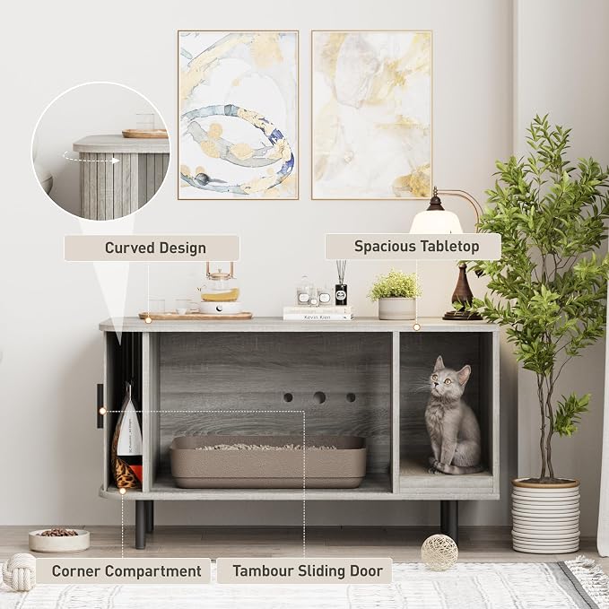 Cat Litter Box Enclosure with Cat Scratch Pad, Sliding Door, 37.4" Litter Box - Image 3