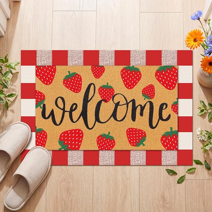 Tinideya 2 Pcs Strawberry Door Mat Fruit Pattern Design Welcome Non Slip Coir - Image 4