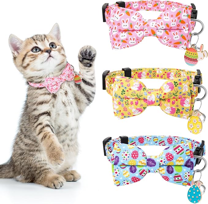 3 PCS Easter Cat Collars with Bow Tie and Bell, Spring Cat Collars Eggs Rabbit by DragonflyDreams