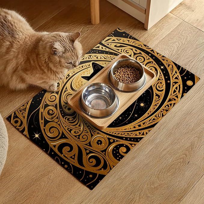 Cat Feeding Mat 24x16 inch Gold Black Artistic Cat Print Pet Bowl Placemat Non - Image 2