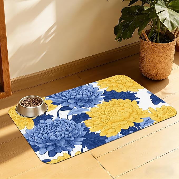 Blue Yellow Flowers Pet Feeding Mat, Quick Dry Absorbent Water Bowl Mat by QSOQSO